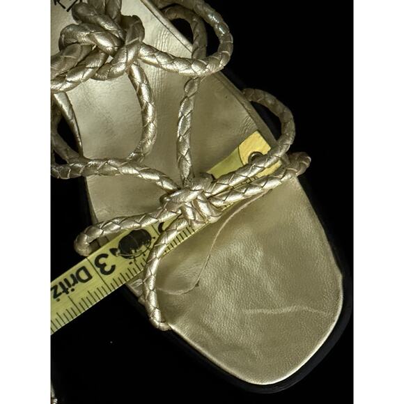 Yves Saint Laurent Braided Leather Gold Chunky Heel Open Toe Sandal 7.5 - Picture 9 of 11